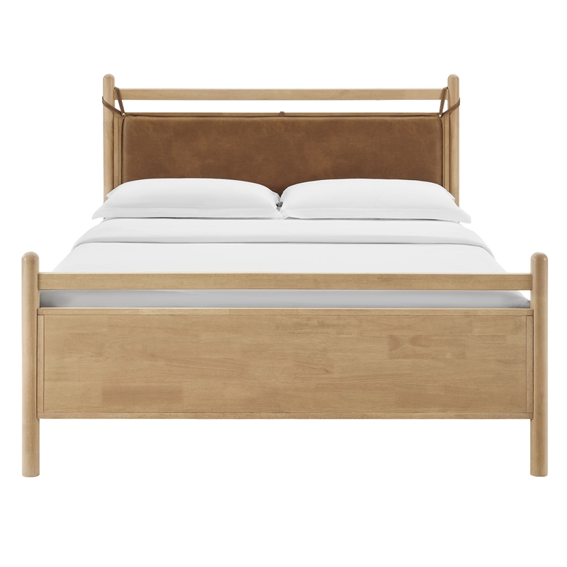 Leni King Size Vegan Leather and Wood Platform Bed Frame in Light Oak Canyon