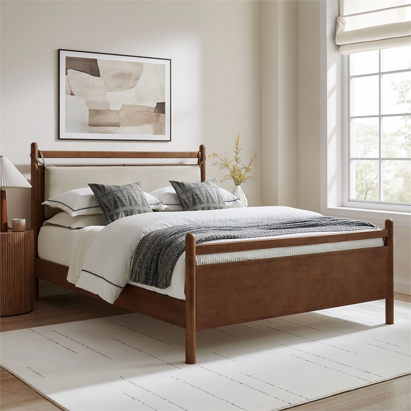 Leni King Size Wood Platform Bed Frame in Walnut Heathered Ivory
