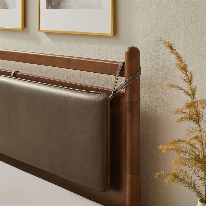 Leni Queen Size Vegan Leather and Wood Platform Bed Frame in Walnut Mushroom