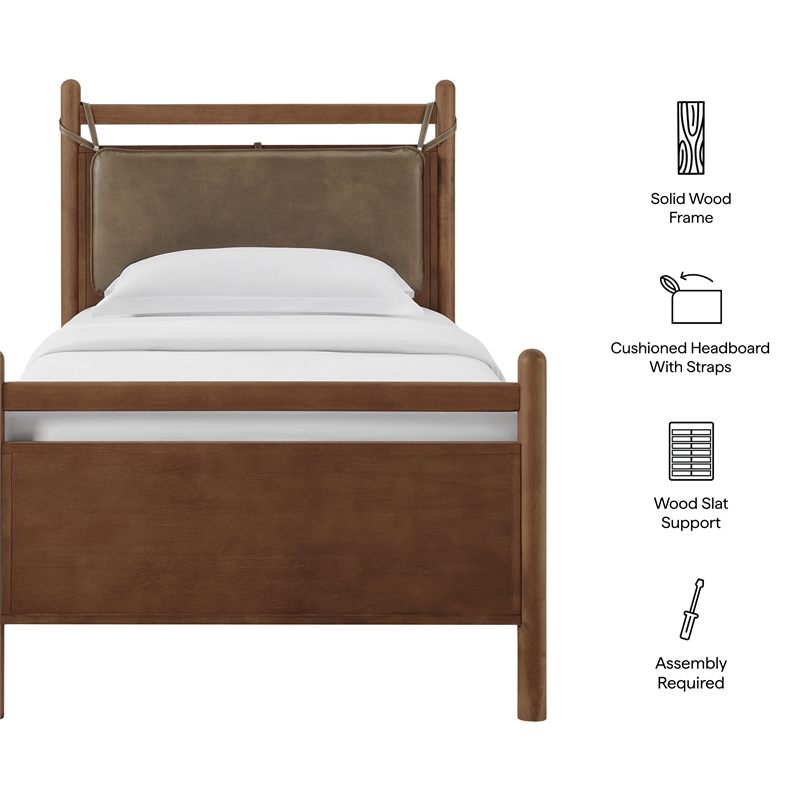 Leni Twin Size Vegan Leather and Wood Platform Bed Frame in Walnut Mushroom
