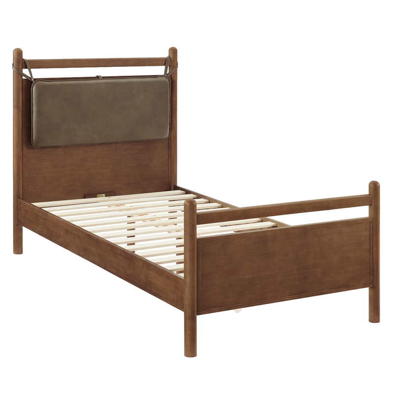 Leni Twin Size Vegan Leather and Wood Platform Bed Frame in Walnut Mushroom