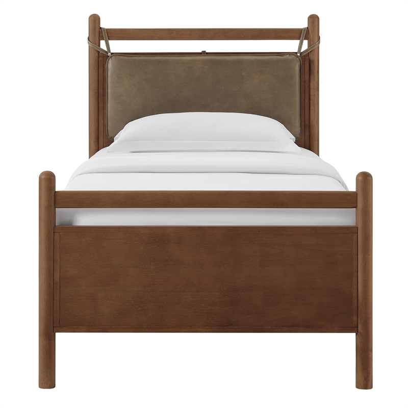 Leni Twin Size Vegan Leather and Wood Platform Bed Frame in Walnut Mushroom