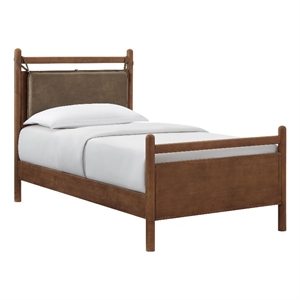 Leni Twin Size Vegan Leather and Wood Platform Bed Frame in Walnut Mushroom