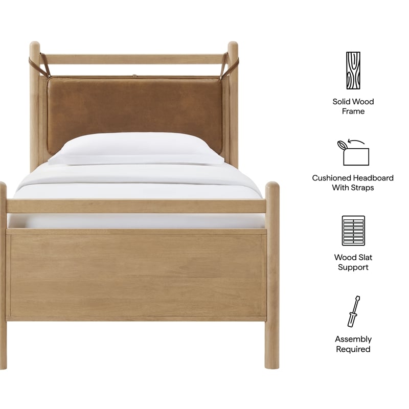 Leni Twin Size Vegan Leather and Wood Platform Bed Frame in Light Oak Canyon