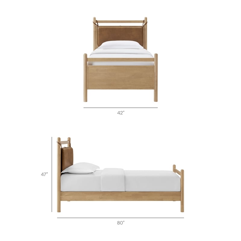 Leni Twin Size Vegan Leather and Wood Platform Bed Frame in Light Oak Canyon