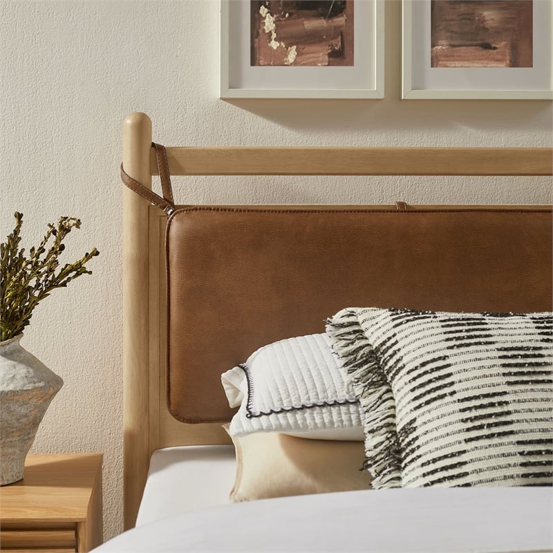 Leni Twin Size Vegan Leather and Wood Platform Bed Frame in Light Oak Canyon