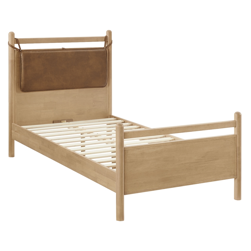 Leni Twin Size Vegan Leather and Wood Platform Bed Frame in Light Oak Canyon