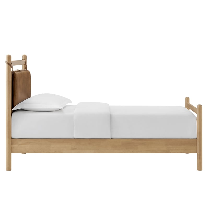 Leni Twin Size Vegan Leather and Wood Platform Bed Frame in Light Oak Canyon