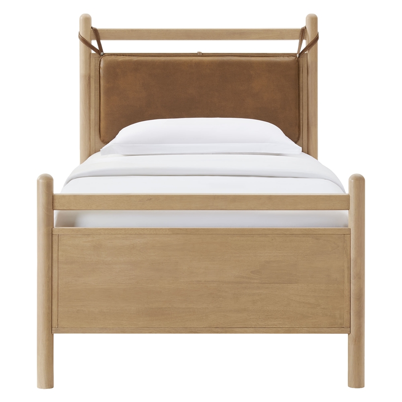 Leni Twin Size Vegan Leather and Wood Platform Bed Frame in Light Oak Canyon