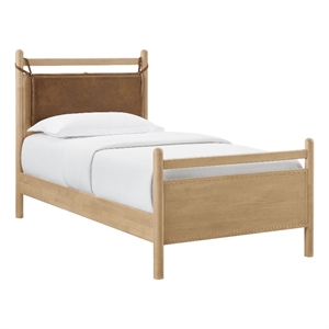 Leni Twin Size Vegan Leather and Wood Platform Bed Frame in Light Oak Canyon