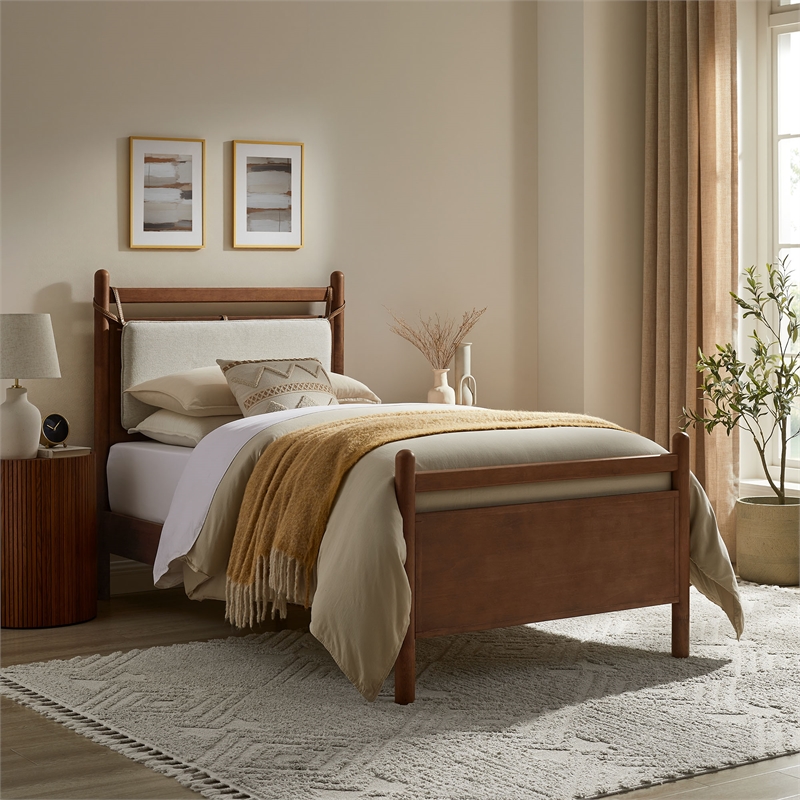 Leni Twin Size Wood Platform Bed Frame in Walnut Heathered Ivory