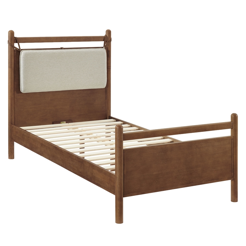 Leni Twin Size Wood Platform Bed Frame in Walnut Heathered Ivory