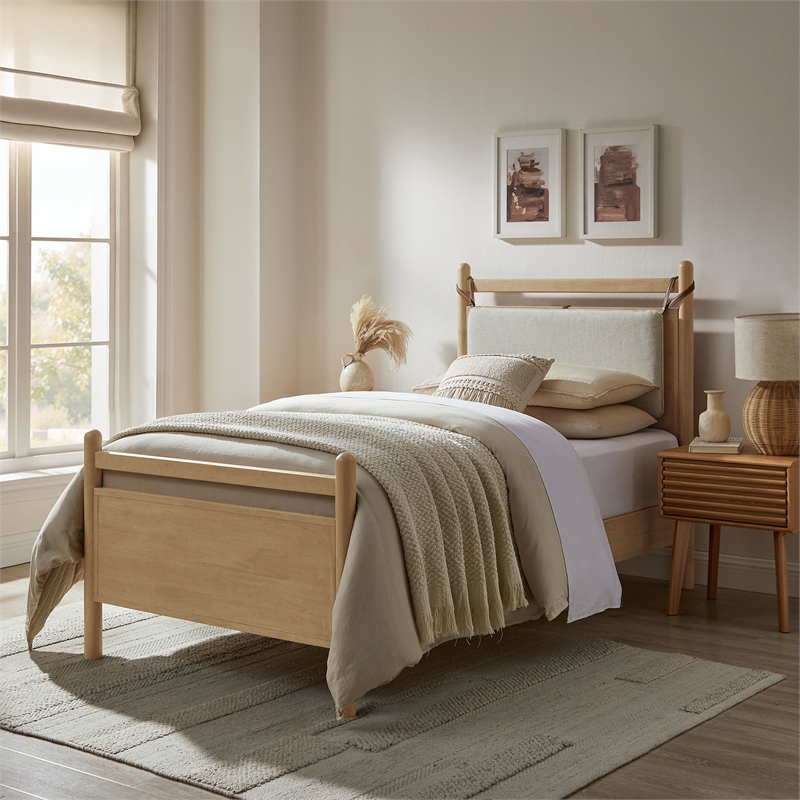 Leni Twin Size Wood Platform Bed Frame in Light Oak Heathered Ivory