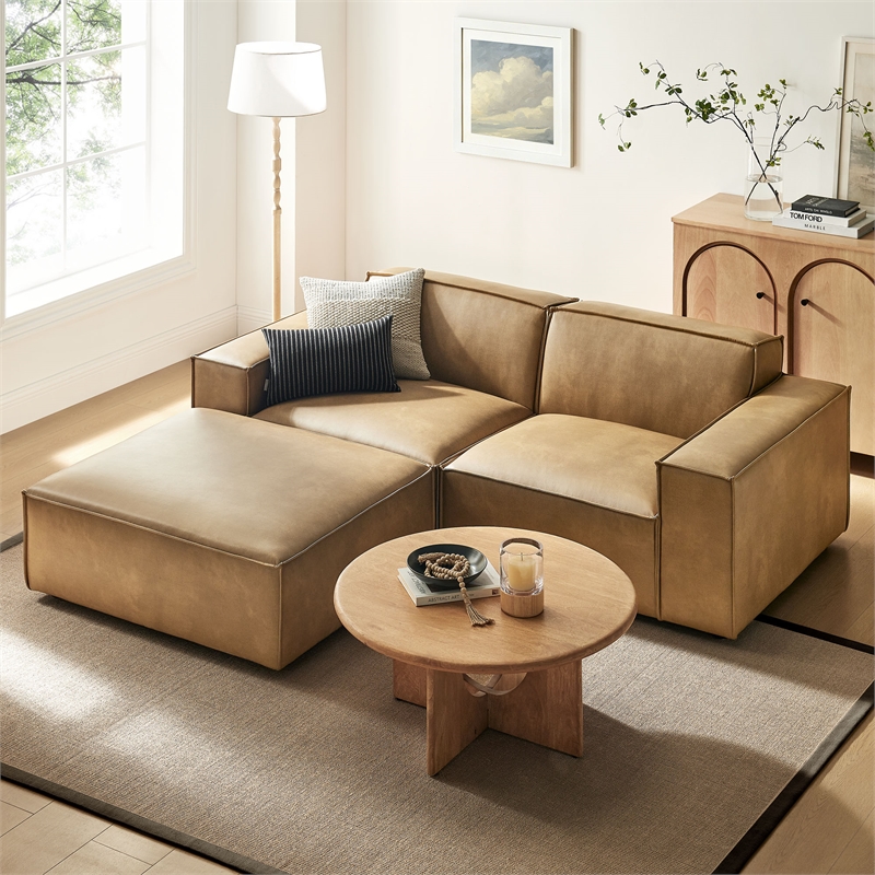 Restore 3-Piece Vegan Leather Modular Loveseat with Ottoman in Toast