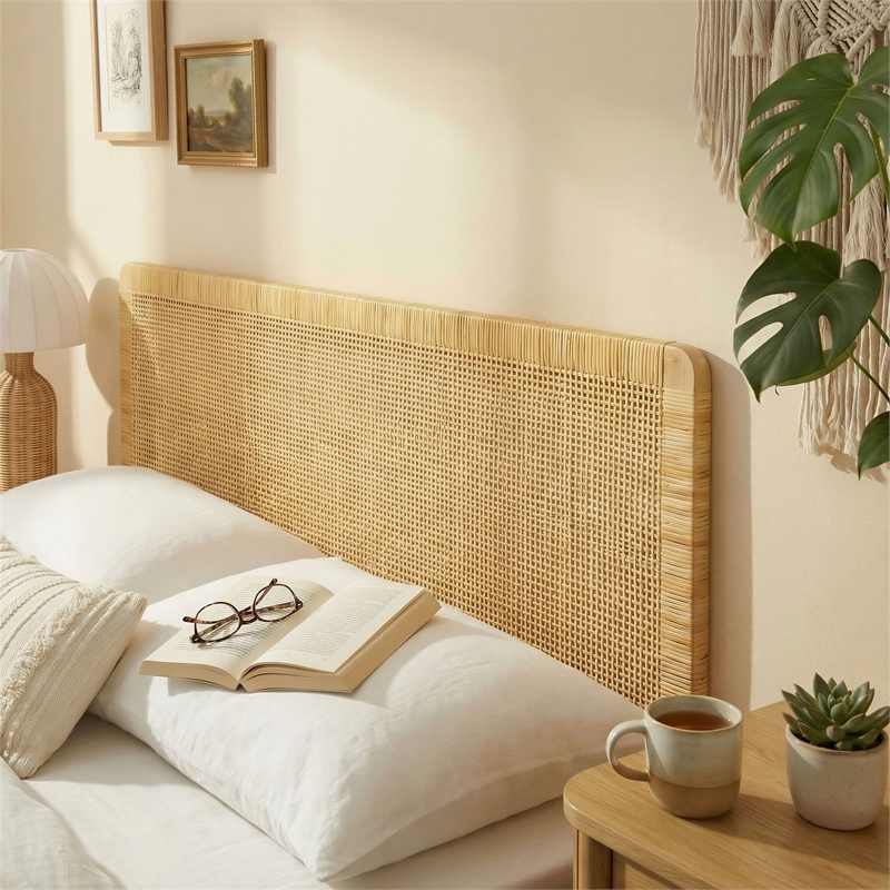 Sandy Wall Mounted Wood and Rattan Full Size Headboard in Natural Rattan