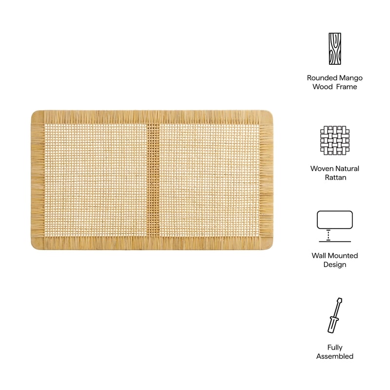 Sandy Wall Mounted Wood and Rattan Twin Size Headboard in Natural Rattan