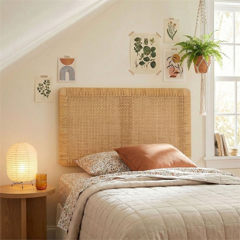Sandy Wall Mounted Wood and Rattan Twin Size Headboard in Natural Rattan