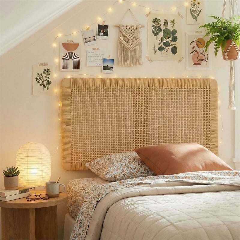 Sandy Wall Mounted Wood and Rattan Twin Size Headboard in Natural Rattan