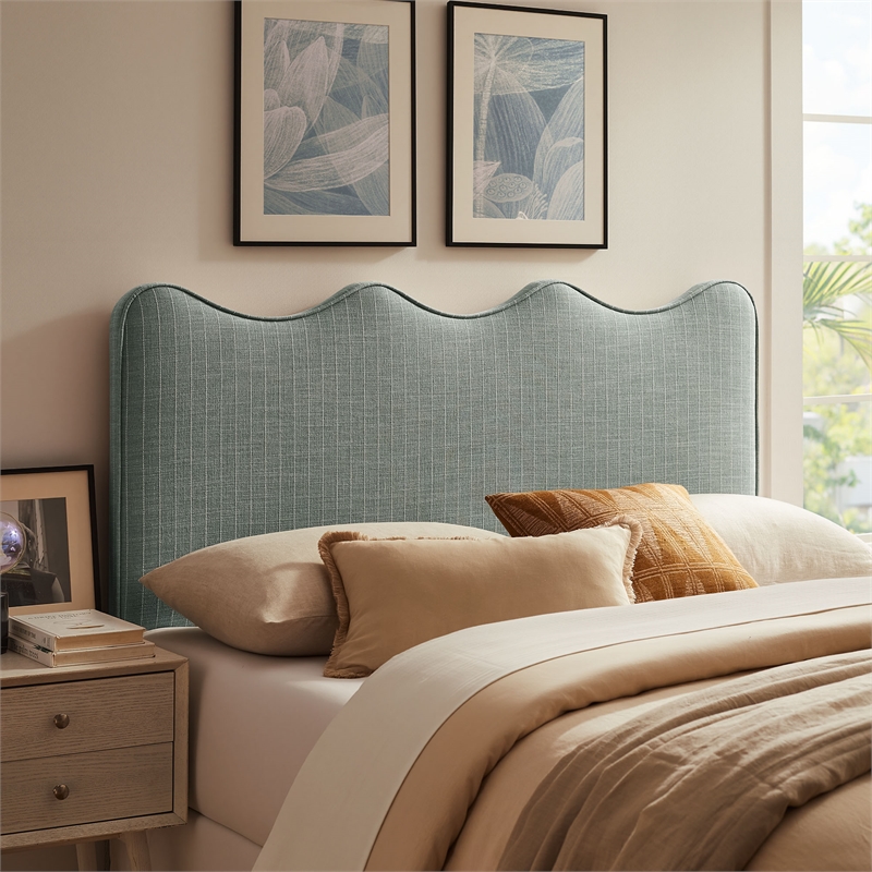 Athena Striped Fabric Upholstered King Size Headboard in Spa Blue Stripe