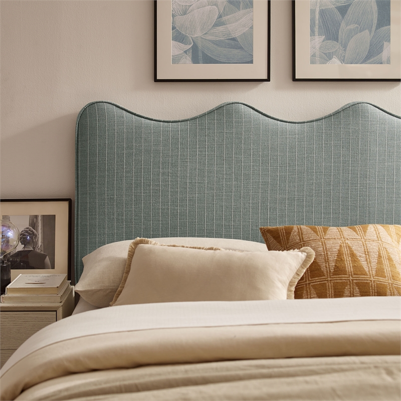 Athena Striped Fabric Upholstered King Size Headboard in Spa Blue Stripe