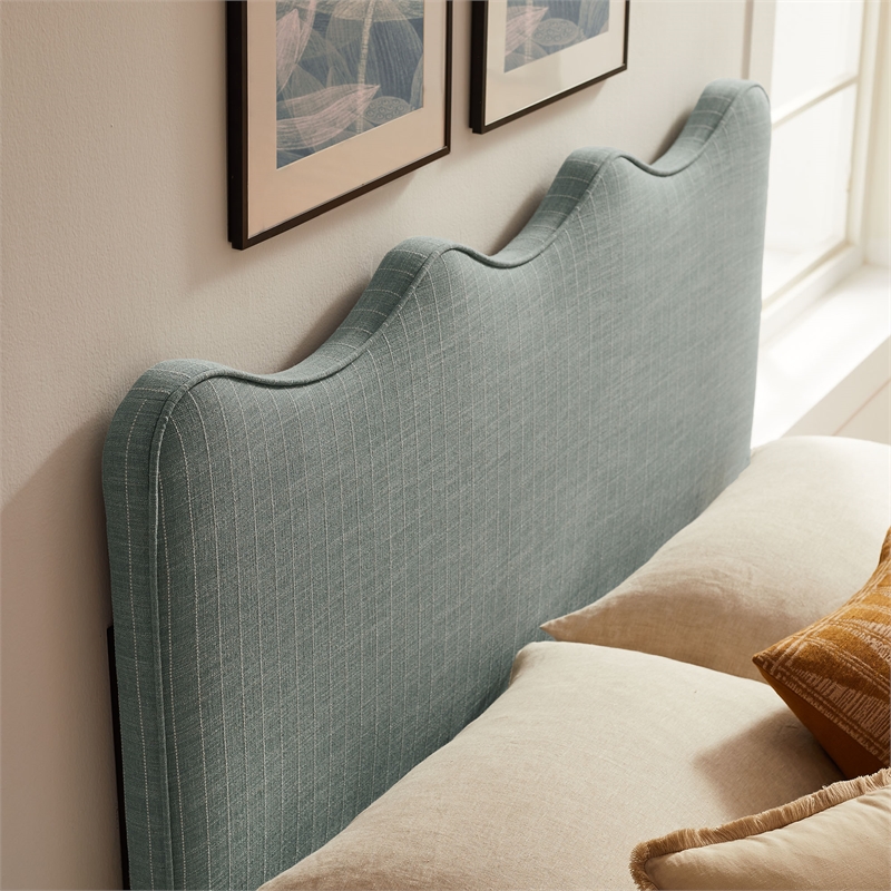 Athena Striped Fabric Upholstered Queen Size Headboard in Spa Blue Stripe