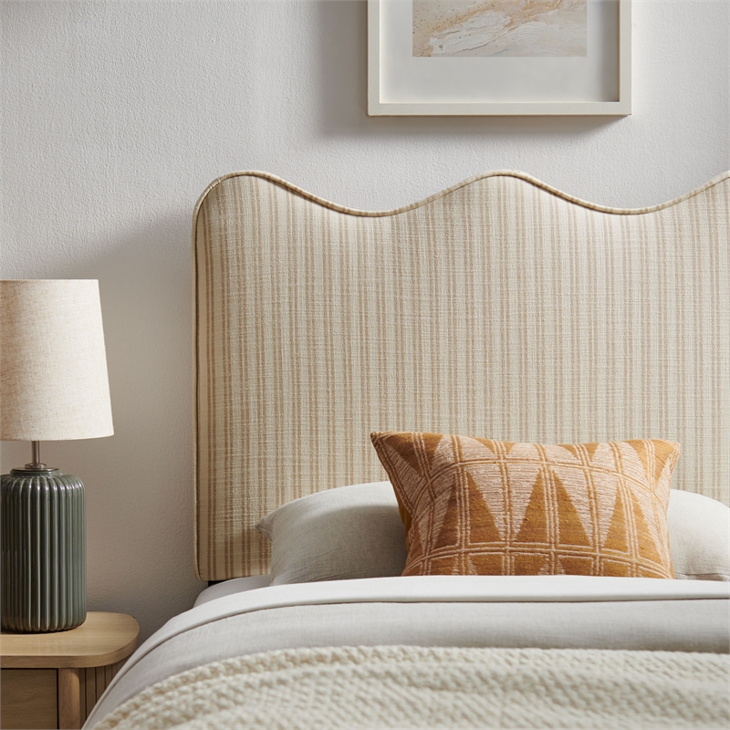 Athena Striped Fabric Upholstered Twin Size Headboard in Oatmeal Stripe