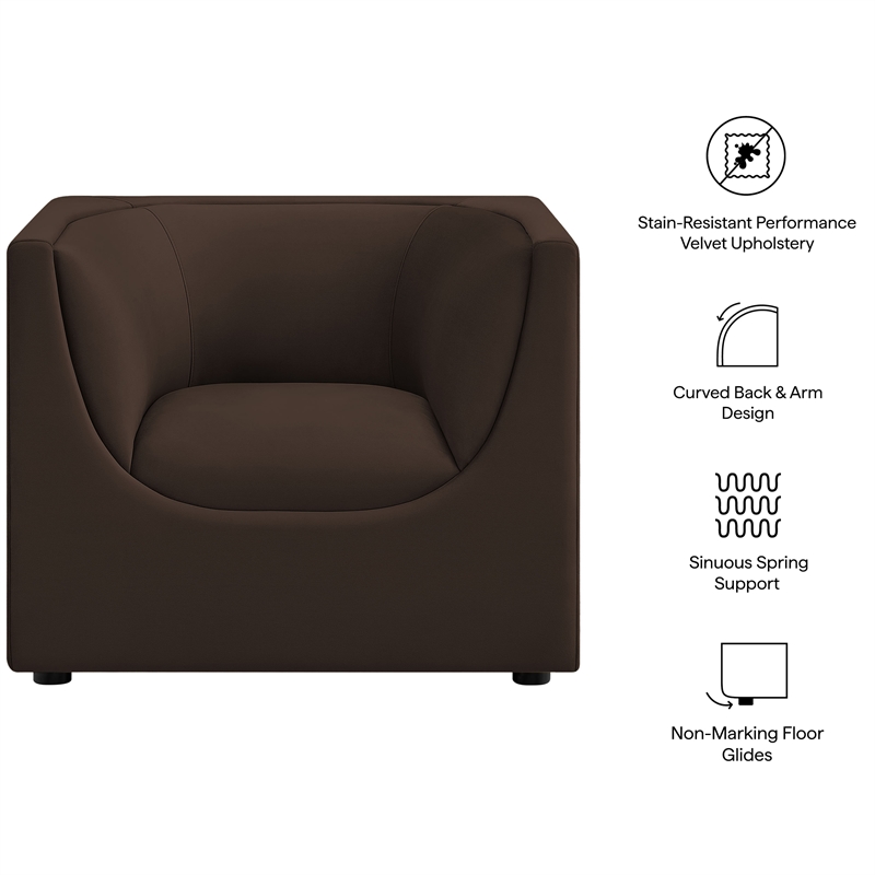 Modway Hilda Curved Back Performance Velvet Upholstered Armchair Chocolate Brown