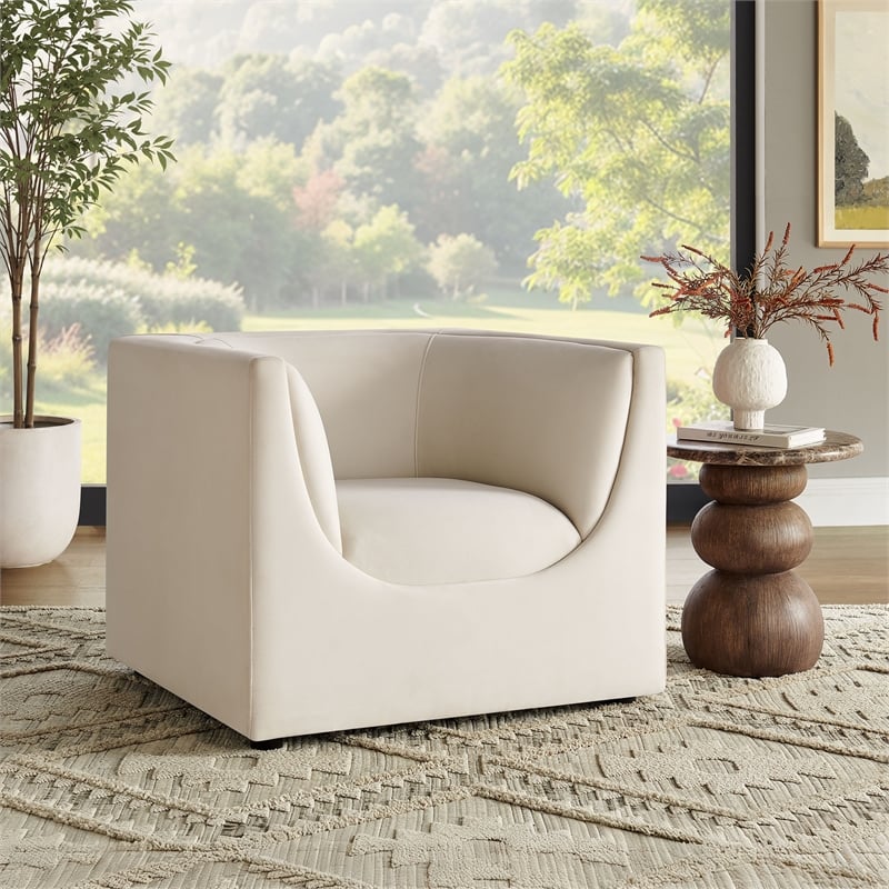 Modway Hilda Curved Back Performance Velvet Upholstered Armchair in Alabaster