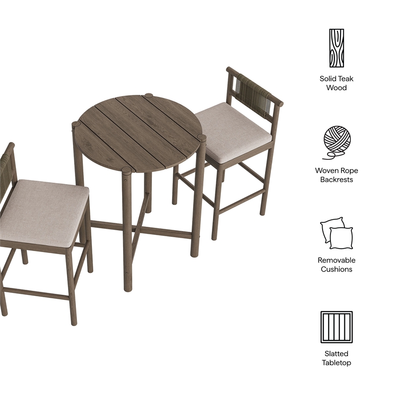 Eleni 3-Piece Outdoor Teak Wood Bar Set in Weathered Gray Pebble