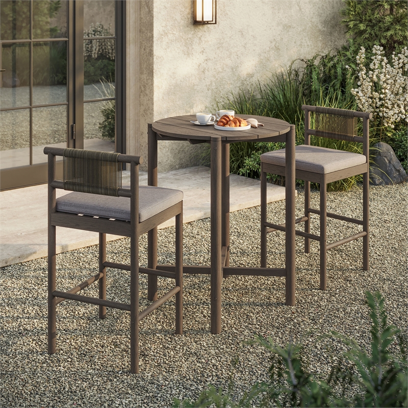 Eleni 3-Piece Outdoor Teak Wood Bar Set in Weathered Gray Pebble