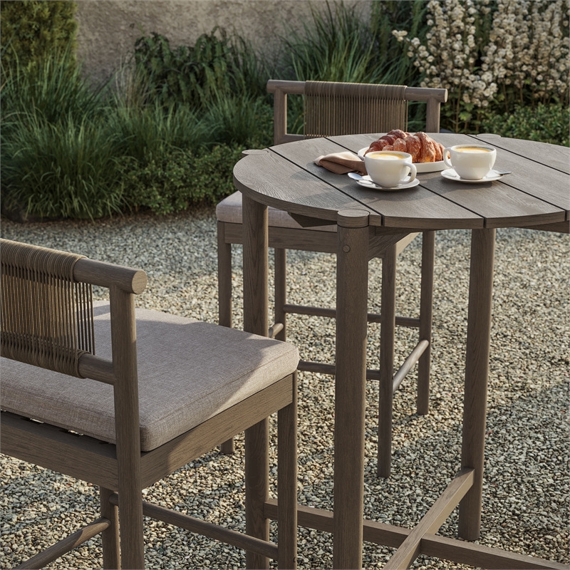 Eleni 3-Piece Outdoor Teak Wood Bar Set in Weathered Gray Pebble