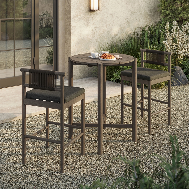 Eleni 3-Piece Outdoor Teak Wood Bar Set in Weathered Gray Flint