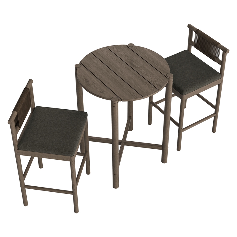 Eleni 3-Piece Outdoor Teak Wood Bar Set in Weathered Gray Flint