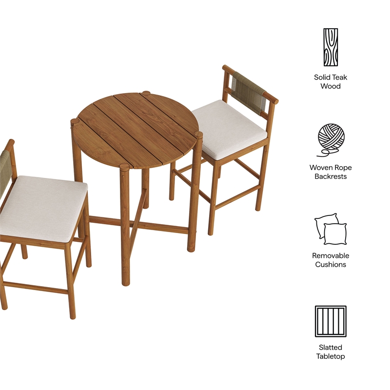 Eleni 3-Piece Outdoor Teak Wood Bar Set in Natural Sail