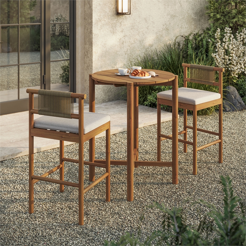 Eleni 3-Piece Outdoor Teak Wood Bar Set in Natural Sail