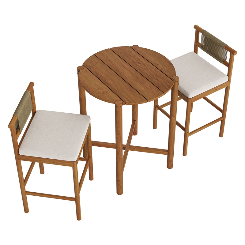 Eleni 3-Piece Outdoor Teak Wood Bar Set in Natural Sail