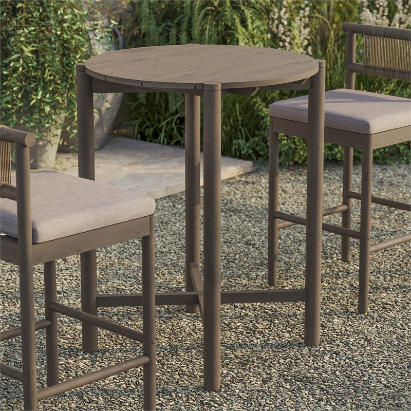 Eleni Round 35 Inch Outdoor Teak Wood Round Bar Table in Weathered Gray Teak