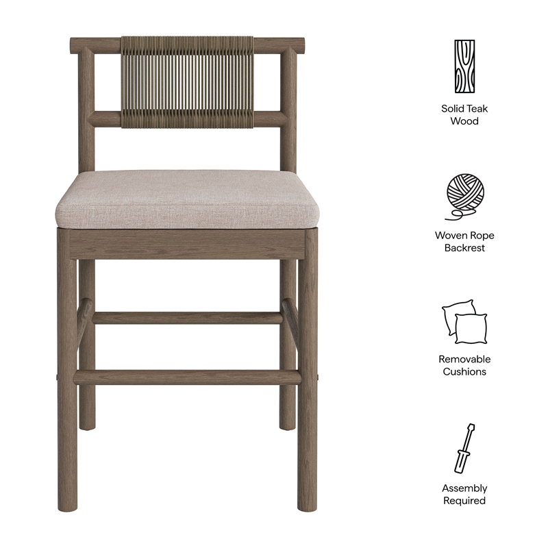 Eleni Outdoor Teak Wood Counter Stools Set of 2 in Weathered Gray Pebble