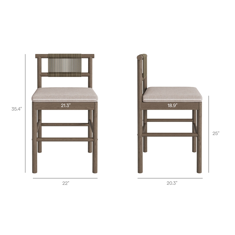 Eleni Outdoor Teak Wood Counter Stools Set of 2 in Weathered Gray Pebble