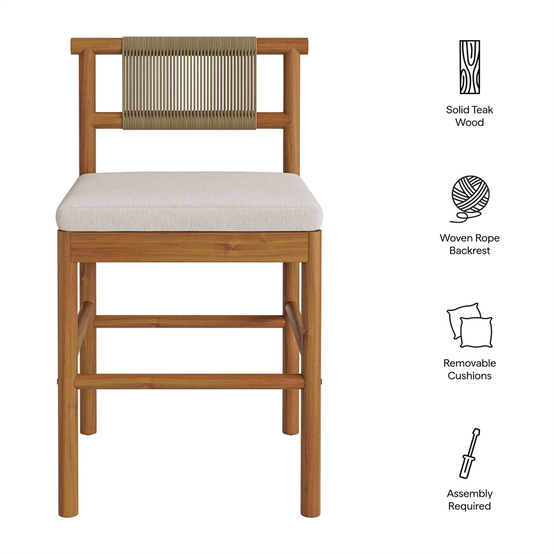 Eleni Outdoor Teak Wood Counter Stools Set of 2 in Natural Sail
