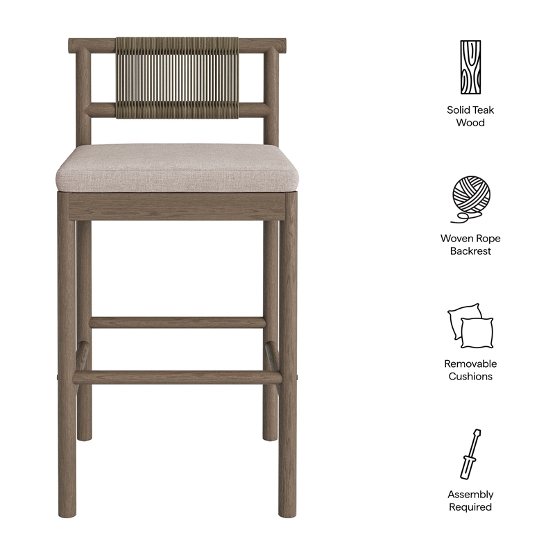 Eleni Outdoor Teak Wood Bar Stools Set of 2 in Weathered Gray Pebble