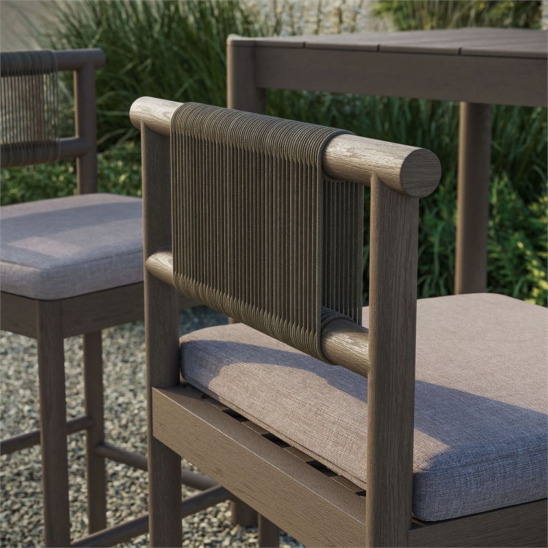 Eleni Outdoor Teak Wood Bar Stools Set of 2 in Weathered Gray Pebble