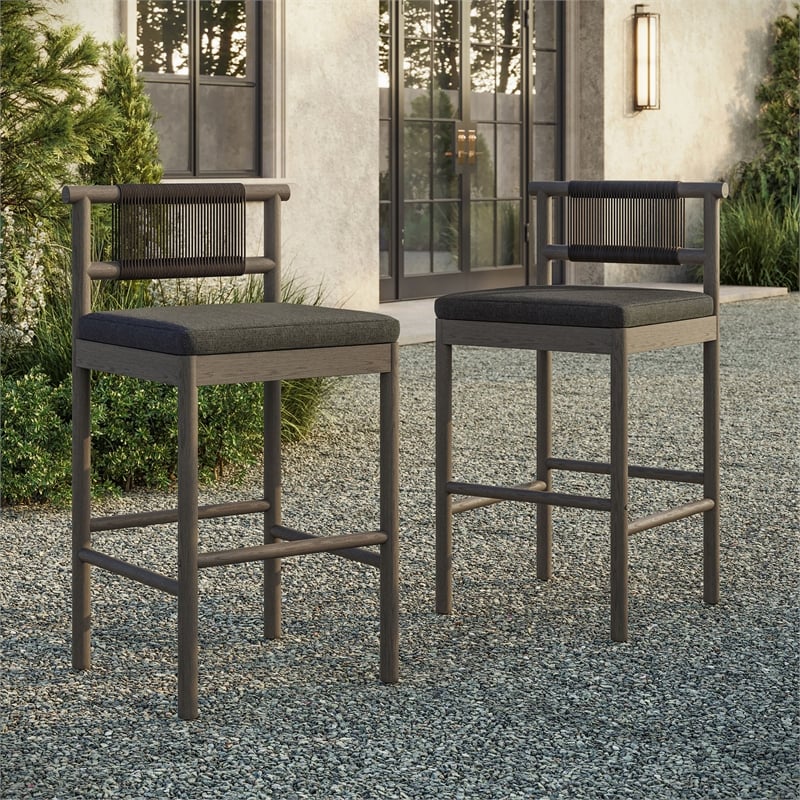Eleni Outdoor Teak Wood Bar Stools Set of 2 in Weathered Gray Flint