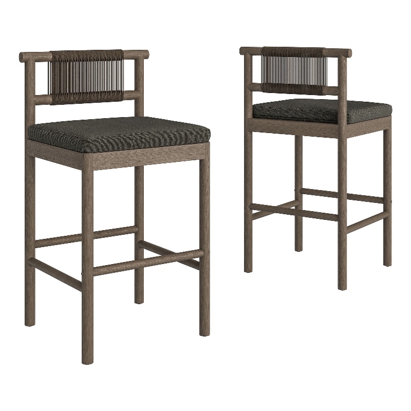 Eleni Outdoor Teak Wood Bar Stools Set of 2 in Weathered Gray Flint
