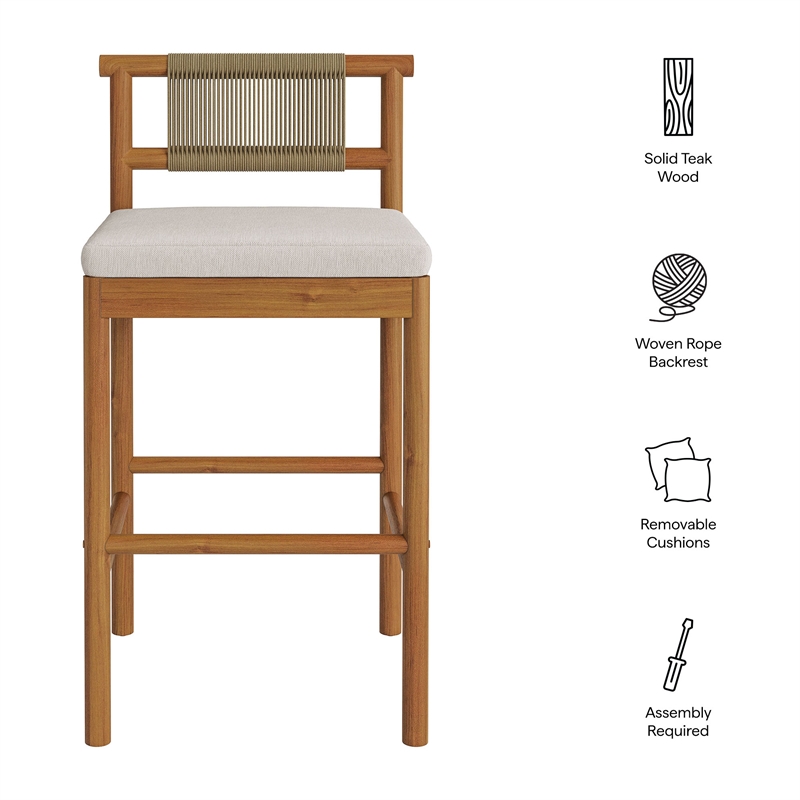 Eleni Outdoor Teak Wood Bar Stools Set of 2 in Natural Sail