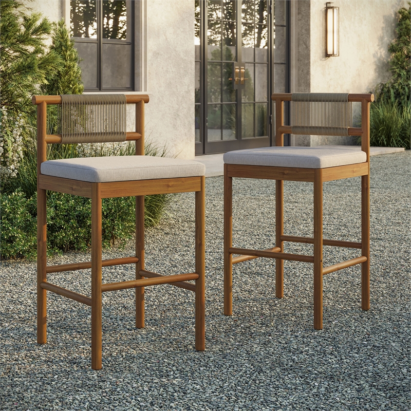 Eleni Outdoor Teak Wood Bar Stools Set of 2 in Natural Sail
