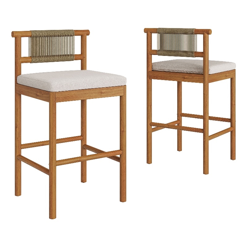 Eleni Outdoor Teak Wood Bar Stools Set of 2 in Natural Sail
