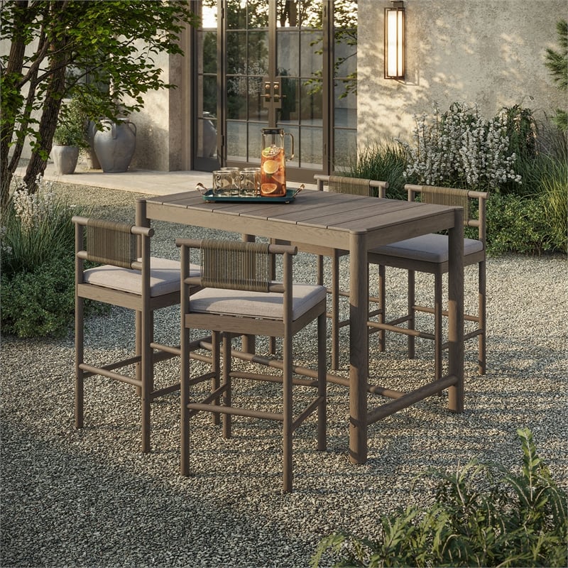 Eleni 5-Piece Outdoor Teak Wood Bar Set in Weathered Gray Pebble