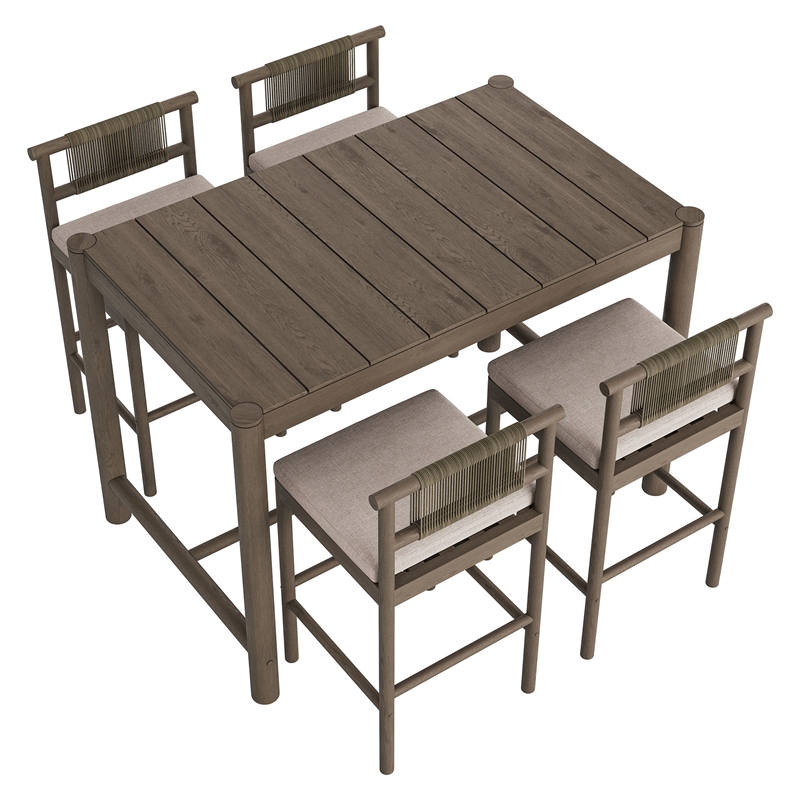 Eleni 5-Piece Outdoor Teak Wood Bar Set in Weathered Gray Pebble