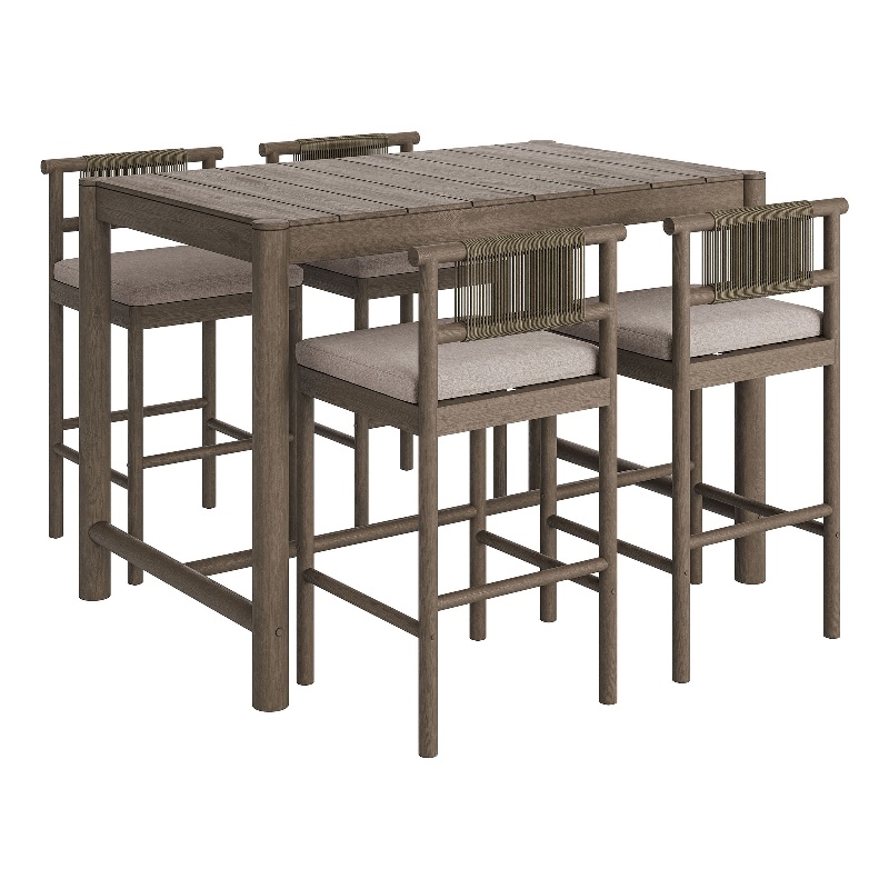 Eleni 5-Piece Outdoor Teak Wood Bar Set in Weathered Gray Pebble